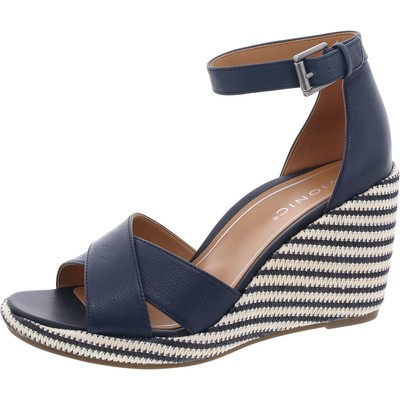 Vionic Womens Marina Navy Leather Wedge Sandals Shoes 8.5 Medium (B,M) BHFO 6479