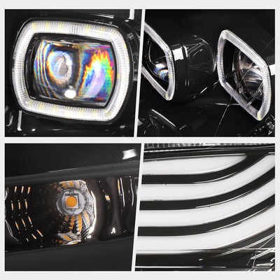 For 18-24 Freightliner Cascadia Quad Square Halo LED DRL Projector Headlights