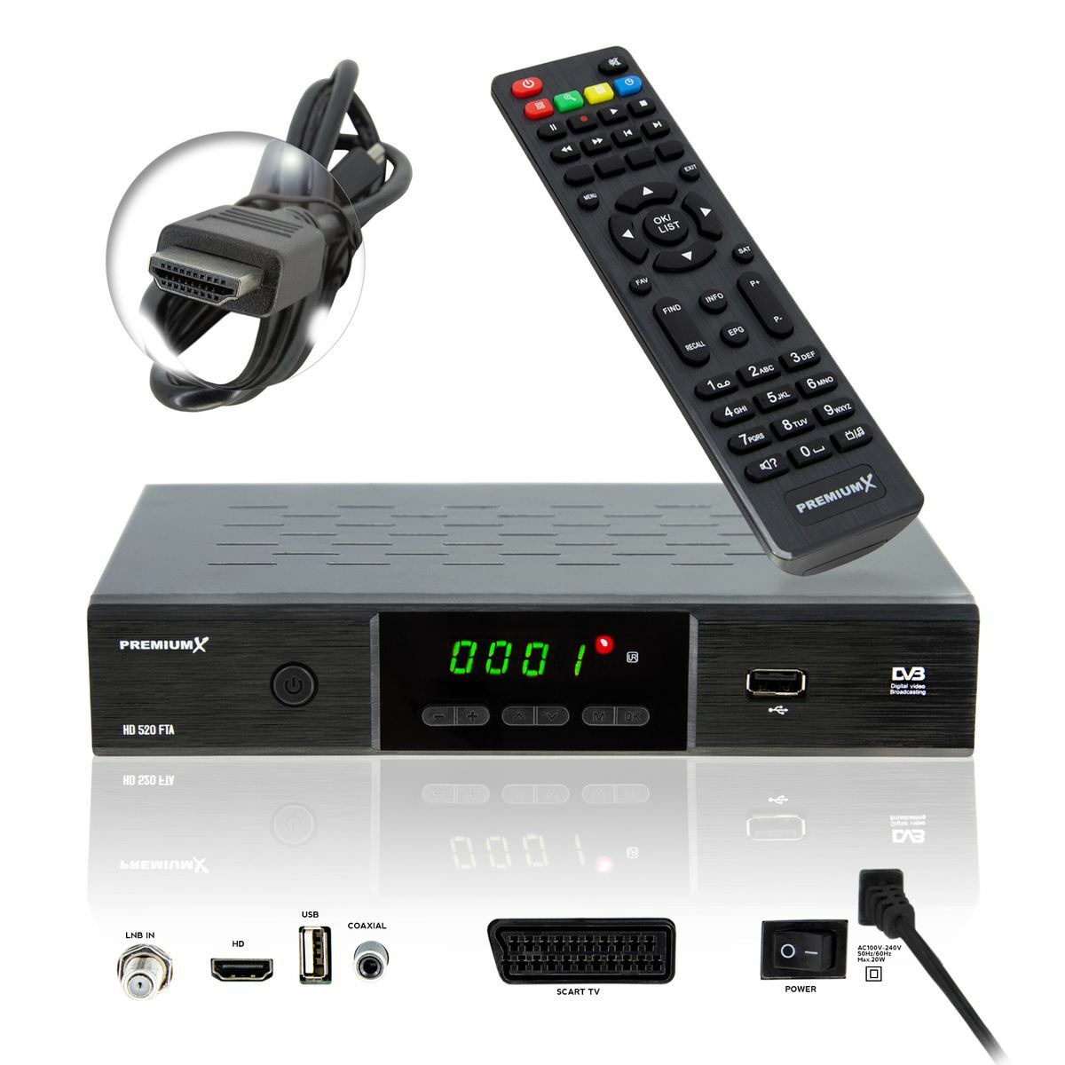 PremiumX FullHD SAT Receiver HDMI SCART 2x USB DVB-S2 TV Satellitenreceiver HDTV