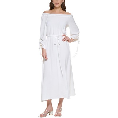 Calvin Klein Womens White Blouson Long Off-The-Shoulder Maxi Dress 8 BHFO 3559