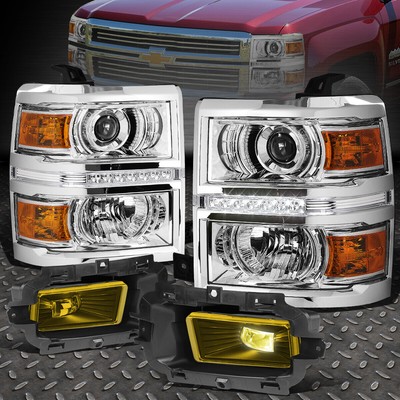 ДЛЯ 2014-2015 CHEVY SILVERADO ХРОМИРОВАННАЯ СВЕТОДИОДНАЯ ФАРА ПРОЕКТОРА DRL + ПРОТИВОТУМАННАЯ ФАРА ЯНТАРНОГО ЦВЕТА