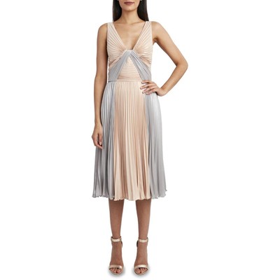 Женское вечернее платье BCBGMAXAZRIA до колена золотого цвета с металлическим отливом и расклешенными рукавами 10 BHFO 3408