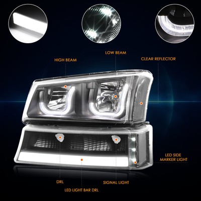 For 03-06 Chevy Silverado/Avalanche LED DRL Bar J-Halo Headlights BLack/Clear