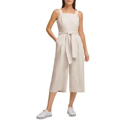 

Женский бежевый широкий комбинезон в полоску с поясом DKNY  BHFO 5481, Neutral