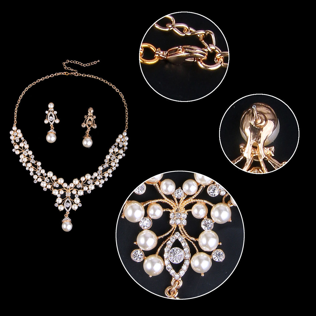 Pearl Cluster Austrian Rhinestone Crystal Necklace Earrings Set Bridal Prom N818