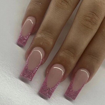 24pcs Purple Shimmer French False Nail Long Square Press on Nail Nail Art