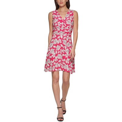 Женское розовое платье-клеш с V-образным вырезом и принтом от Tommy Hilfiger Petites 8P BHFO 4432