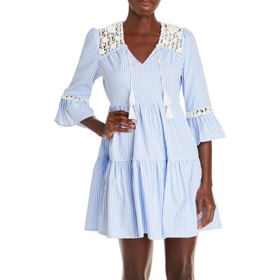 Женское синее вязаное крючком мини-платье с расклешенным рукавом в полоску цвета морской волны XS BHFO 4120