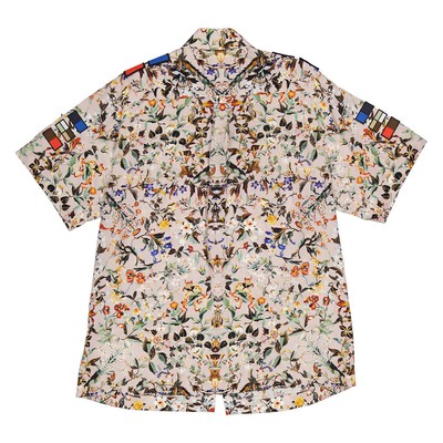 Pre-owned Burberry Badge Appliques Iris Floral-print Silk Crepe De Chine Oversized Shirt, In Beige
