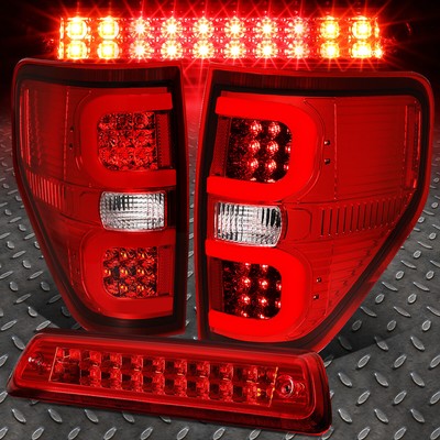 FOR 09-14 FORD F150 DUAL RED 3D LED BAR TAIL LIGHT+3RD THIRD BRAKE/CARGO LAMP