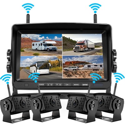 7'' Digital Wireless Quad Monitor DVR 1080P 4 Camera For Truck Trailer RV Caravan