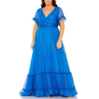 Женское синее шифоновое вечернее платье с оборками Mac Duggal Plus 18W BHFO 5485