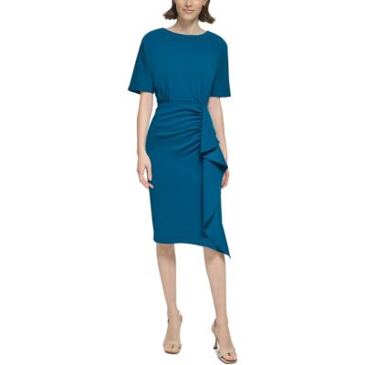 Calvin Klein Womens Blue Ruffled Crepe Sheath Dress 8 BHFO 0446