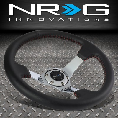 РУЛЕВОЕ КОЛЕСО NRG 350 ММ ИЗ ЧЕРНОЙ КОЖИ С КРАСНОЙ СТРОЧКОЙ И 3-МЯ ГЛУБОКИМИ СПИЦАМИ, ХРОМИРОВАННОЕ РУЛЕВОЕ КОЛЕСО СО СПИЦАМИ