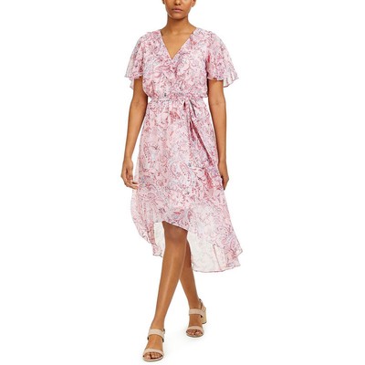 

Розовое женское платье миди с запахом и цветочным принтом Bar III  BHFO 5002, Light pink/hot pink multi