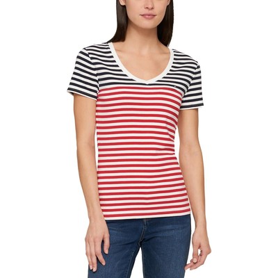 Tommy Hilfiger Womens White Striped V-Neck Tee T-Shirt Top XS BHFO 8647