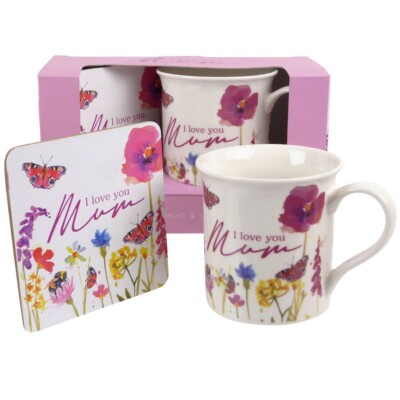 Jennifer Rose "I Love You Mum" China Mug & Coaster Gift Set Pretty Floral Mot...