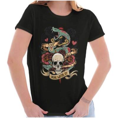 Love Kills Deal With It Skull Snake Tattoo Womens Top Junior Graphic Tee