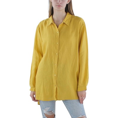 Женская желтая льняная блузка на пуговицах Eileen Fisher XS BHFO 9510