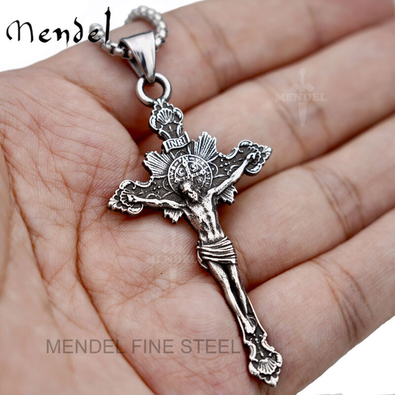 MENDEL St Saint Benedict Jesus Crucifix Cross Pendant Necklace Stainless Steel