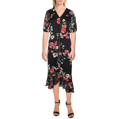 

Женское черное шифоновое платье миди с цветочным принтом DKNY  BHFO 0595, Black multi