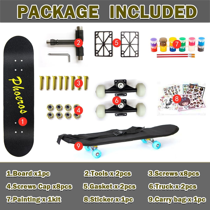 DIY Complete Skateboards- Standard Skateboards for Beginners Kids Boys Girls Tee