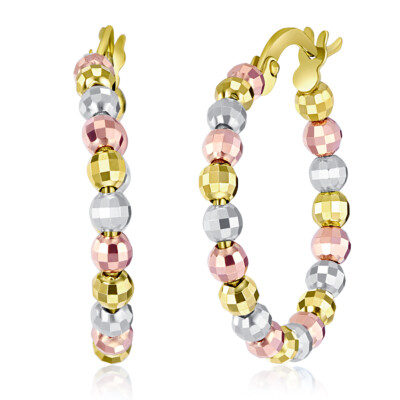 Pre-owned Wellingsale 14k Tri Color Gold 3mm Beaded Hoop Earrings (20mm Diameter)