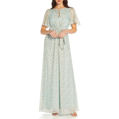 Женское синее шифоновое платье макси с цветочным принтом Adrianna Papell 2 BHFO 1480
