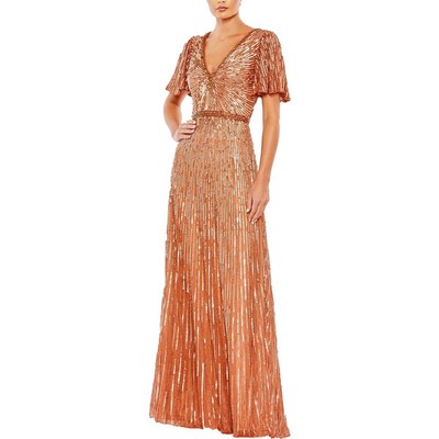 Mac Duggal Womens Bronze Embellished V-Neck Evening Dress Gown 16 BHFO 3181