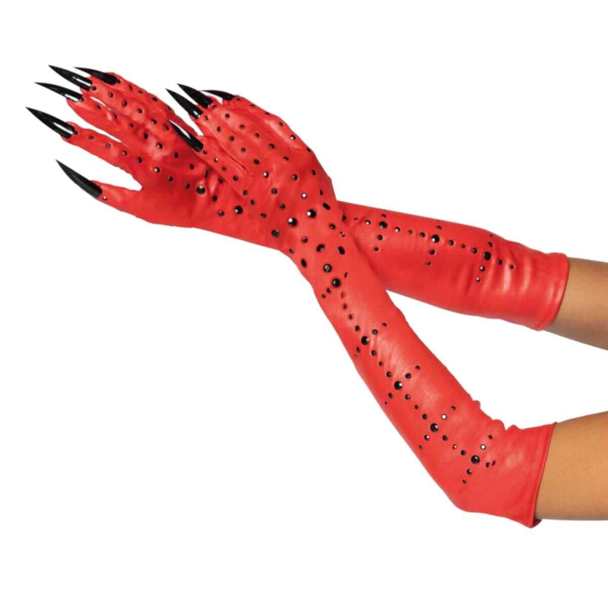 Dämonen Handschuhe Teufel Devil Dämon Langarm Krallen Halloween Rot Strass Lang