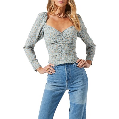 

ASTR the Label Женская синяя блузка с длинными рукавами и цветочным принтом с рюшами  BHFO 7447, Light blue