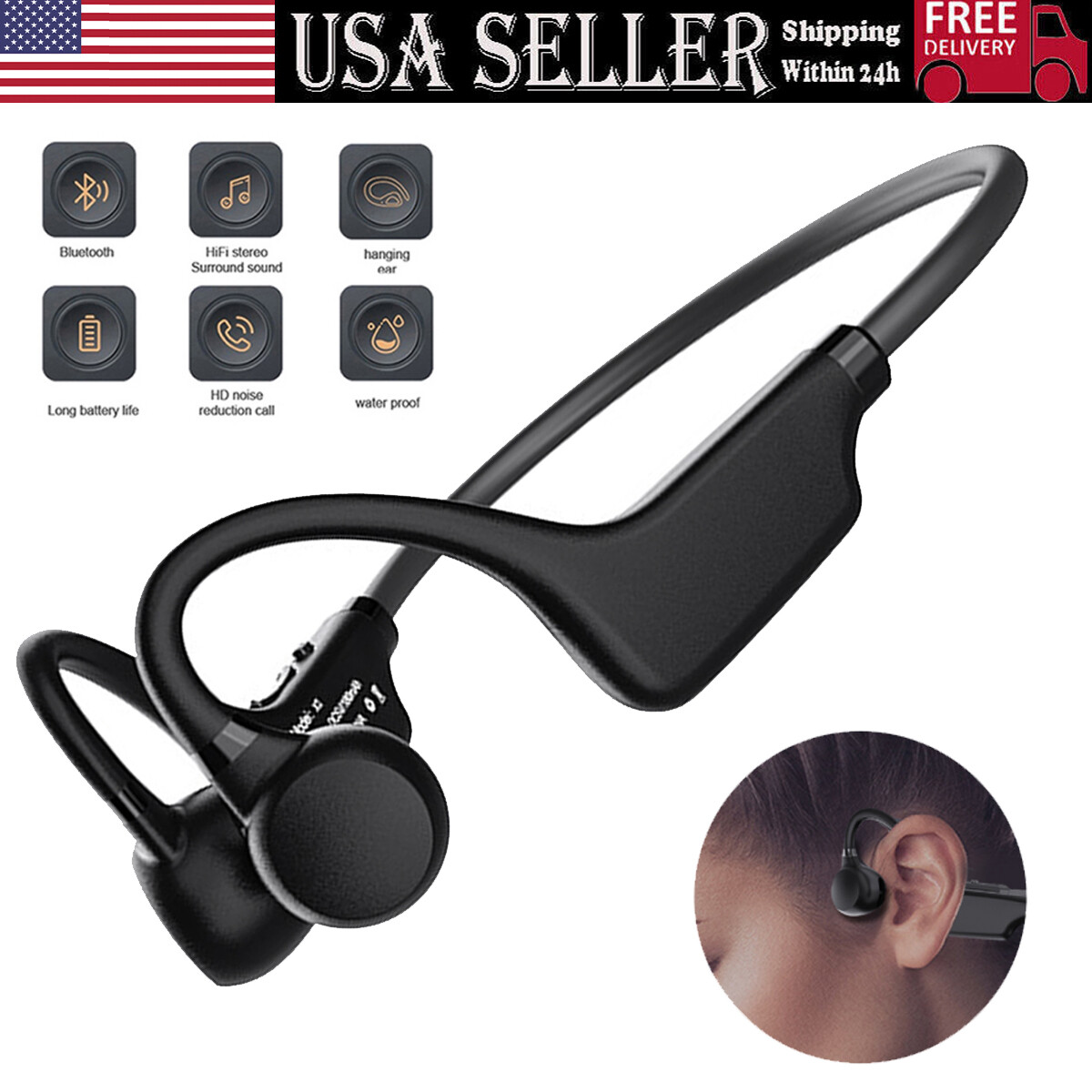 Bluetooth 5.3 Bone Conduction Headphones Wireless Outdoor Sport Headset Earbuds.