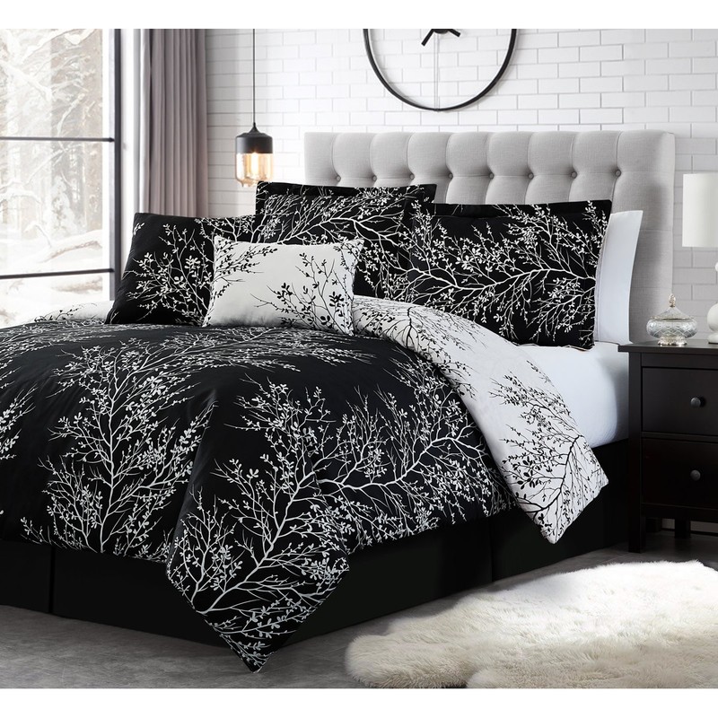 Black White Nature Trees Branches Leaves 6 pc Comforter Set Queen King Bedding