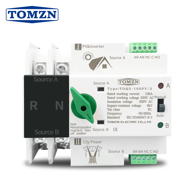 Single Phase Din Rail ATS for PV inverter Dual Power Automatic Transfer Selector