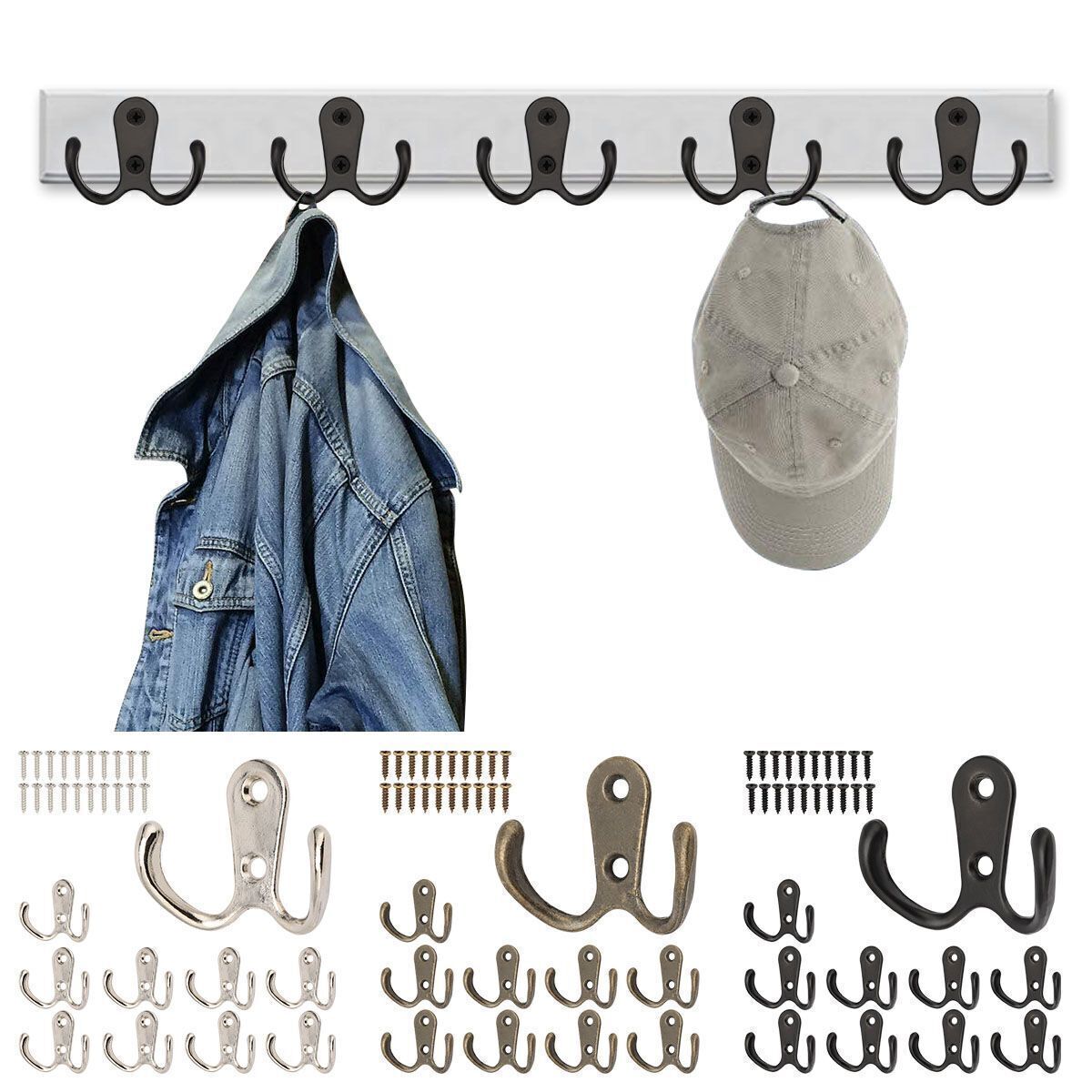 10/20pcs Heavy Duty Double Prong Coat Hooks Home Office Wall Mounted Hat Clothes
