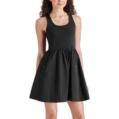 Steve Madden Womens Black Mini Mixed Media Ribbed Fit & Flare Dress S BHFO 7843