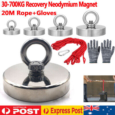 30-700Kg Salvage Recovery Magnet Neodymium Treasure Fishing & 20M Rope+Gloves