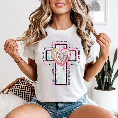 T-shirt da donna God Is Good All The Time Cross Heart Christian Faith Tee