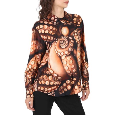 Pre-owned Burberry Silk Twill Octopus Print Long-sleeve Oversized Shirt In Multicolor