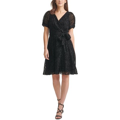 

DKNY Женское черное бархатное платье в горошек с пышными рукавами и запахом  BHFO 8563, Черный