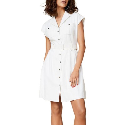 Женское белое льняное короткое платье-рубашка с поясом DKNY 12 BHFO 9218