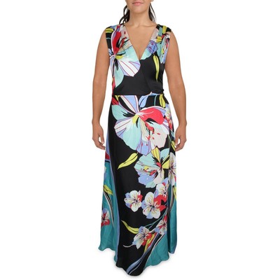 

Женское черное атласное дневное макси-платье Tahari ASL с принтом  BHFO 2374, Black/azure/pink