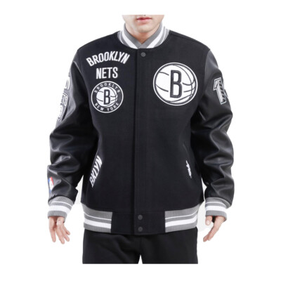 Pre-owned Pro Standard Brooklyn Nets Nba Varsity Jacket Retro Classic Rib Wool Men Black In Black/gray
