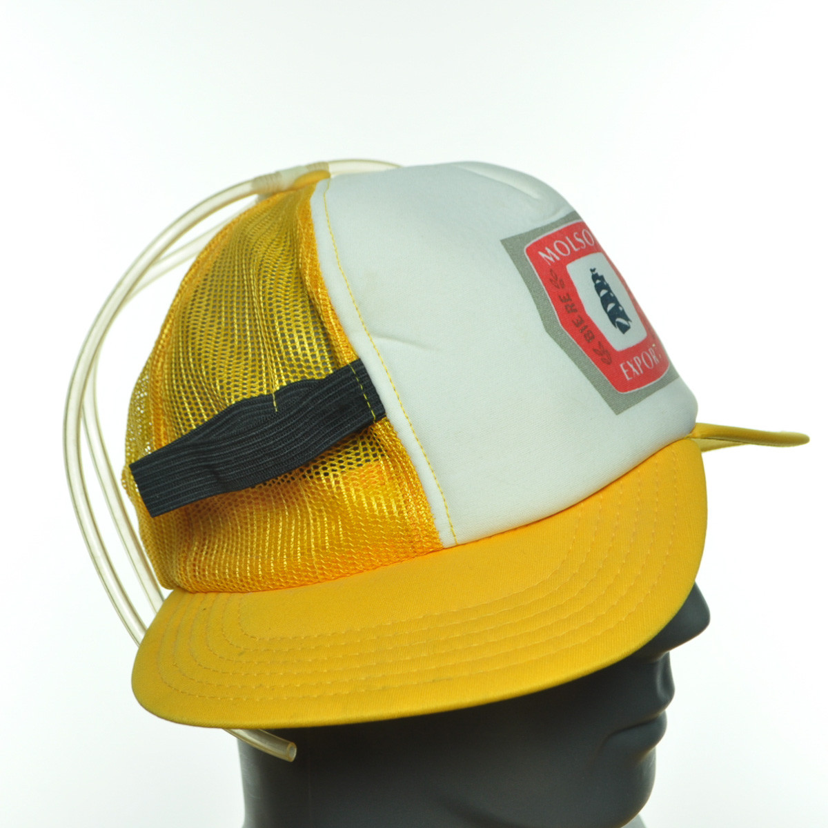 Beer Drinking Cap Hat Holds Two Beers Snapback Truckers Mesh Yellow/White