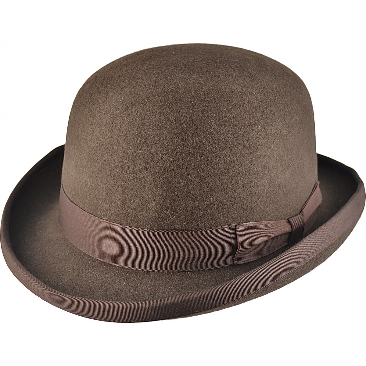 Wool Hand Made Quality Round Top Hard Bowler Hat in BROWN With Satin