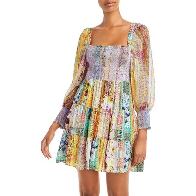 

Alice and Olivia Женское мини-платье в стиле пэчворк с пышными рукавами и расклешенными рукавами BHFO 5037, Vintage summer lavender fields