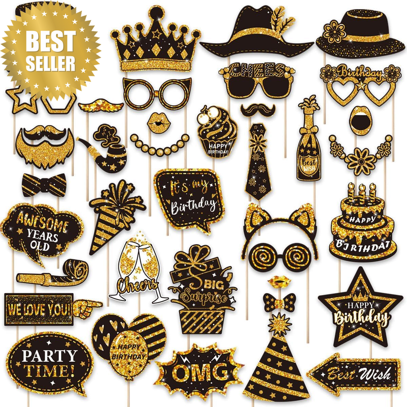 Birthday Party Photo Booth Props Set, 38 Pieces Black and Gold Glitter Design, P