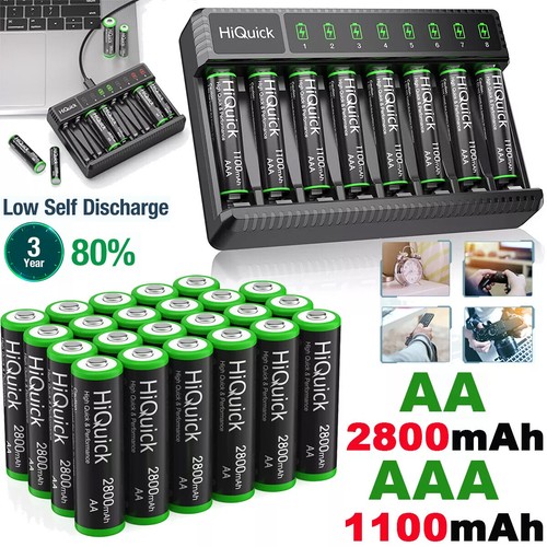 AAA AA Rechargeable Batteries 1100 2800mAh 1.2V Ni-MH / 8 Slots LCD Charger Lot
