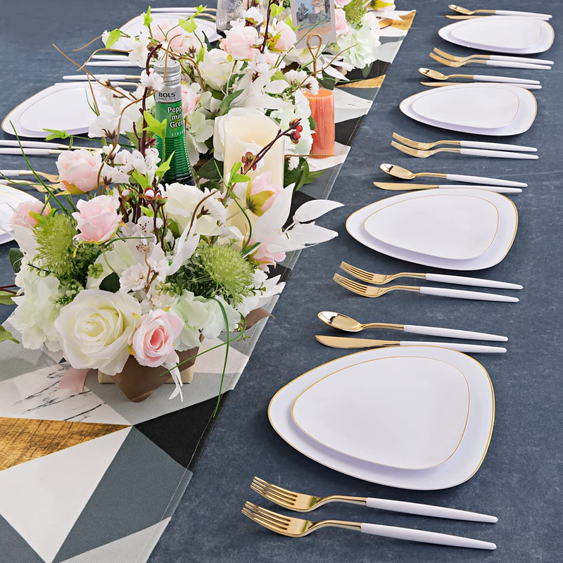 60Pcs White Gold Plastic Plates,Gold Plastic Dinnerware Plates,Triangular Gold P