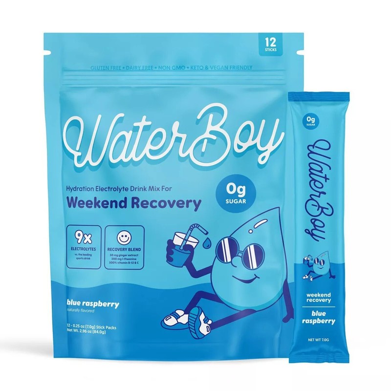 Waterboy Blue Raspberry Hydration + Weekend Recovery, 12 stick packs